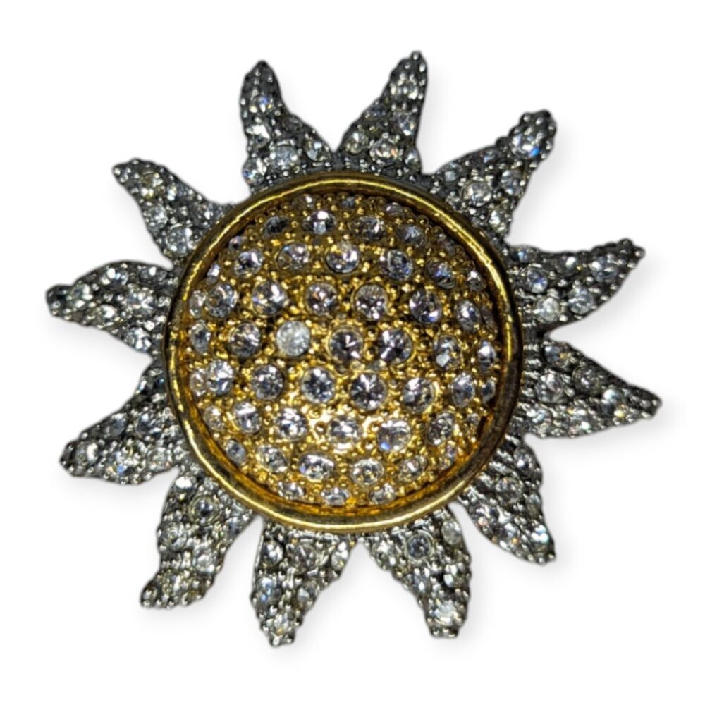 Vintage Rhinestone Gold Tone & Silver Tone Sunflower Brooch/Pin 2"